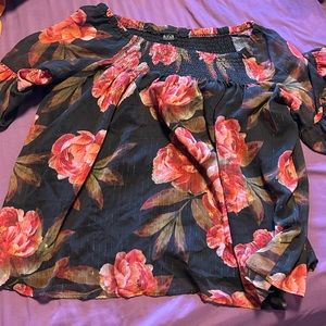 a.n.a Black Floral Off-Shoulder Blouse with Pink Roses